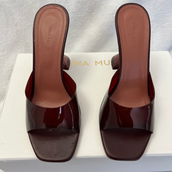 Amina Muaddi Shoes - Authentic Amina Muaddi Lupita Glass mules in a rich wine / burgundy tone.